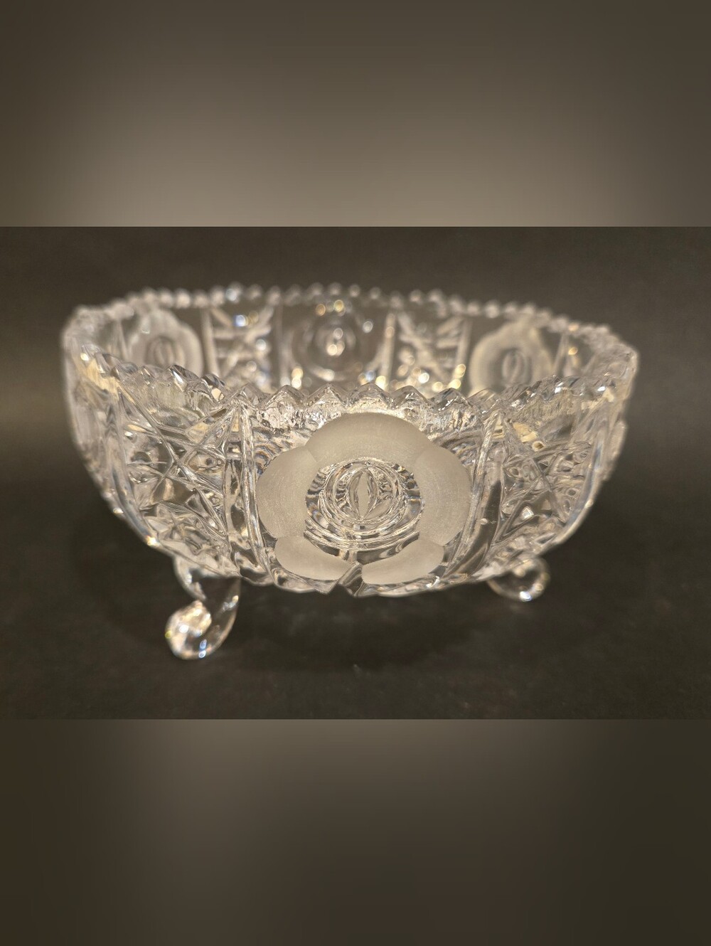 Vintage Lead Crystal Etched Glass 3 Footed Bowl With Saw Tooth Edge